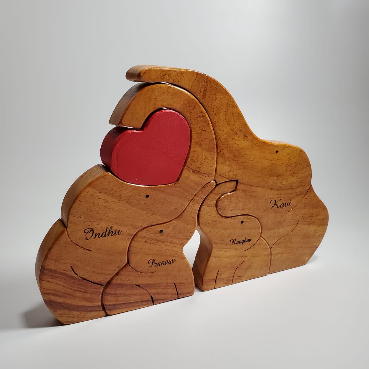 Wooden Elephant family with twin children | Polished surface with shiny finish | Fungus Proof