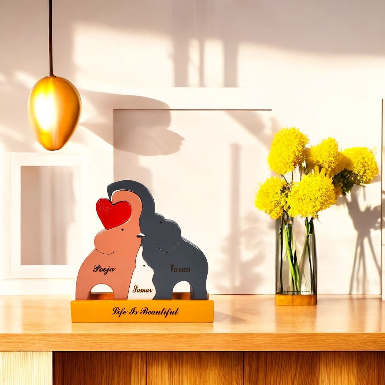 Wooden Elephant family with one child (Multicolored) | Polished surface with shiny finish | Fungus Proof