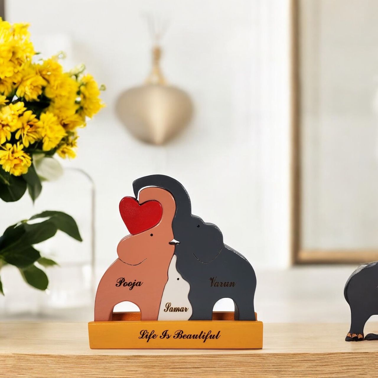 Wooden Elephant family with one child (Multicolored) | Polished surface with shiny finish | Fungus Proof