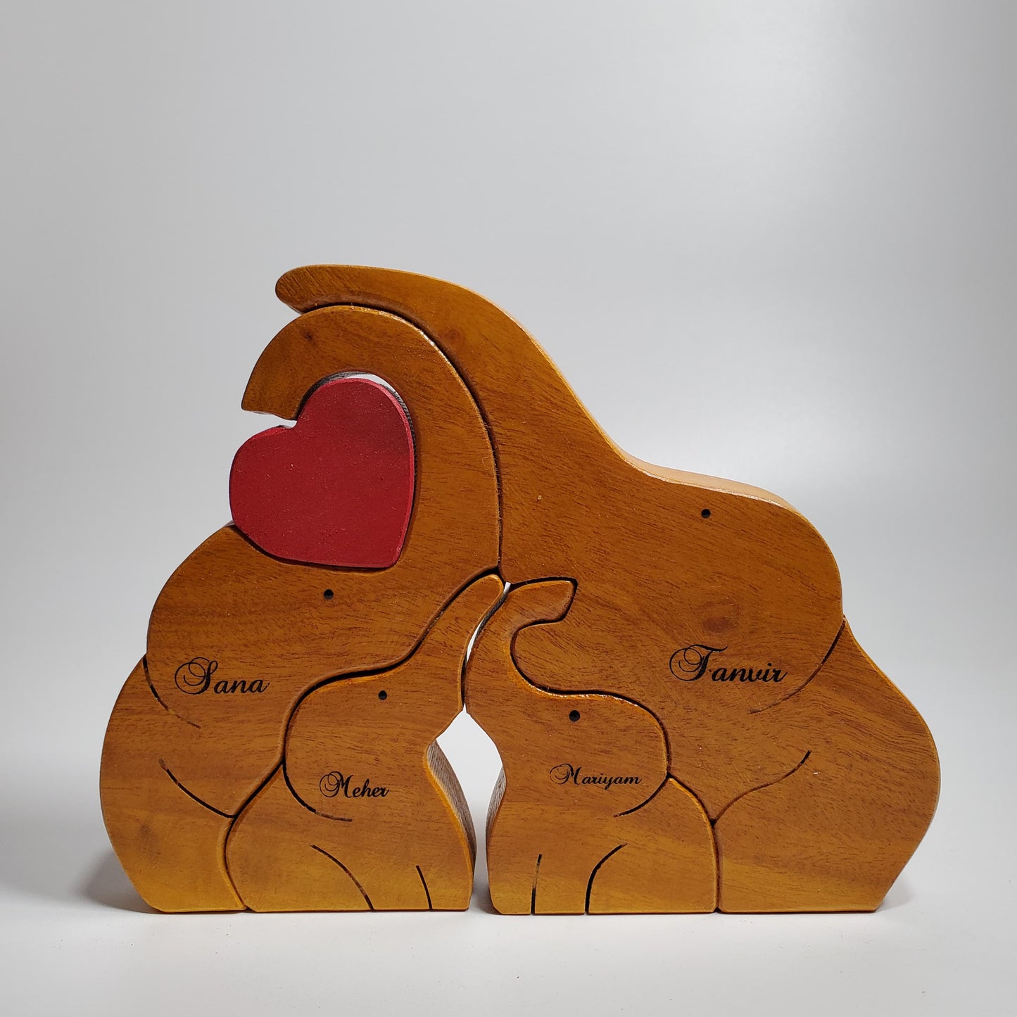 Wooden Elephant family with twin children | Polished surface with shiny finish | Fungus Proof
