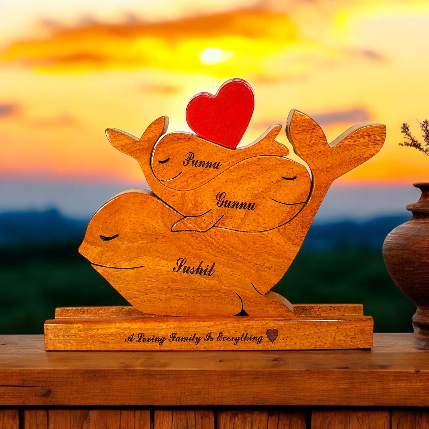 Wooden Whale family Keepsake | Polished surface with shiny finish | Fungus Proof