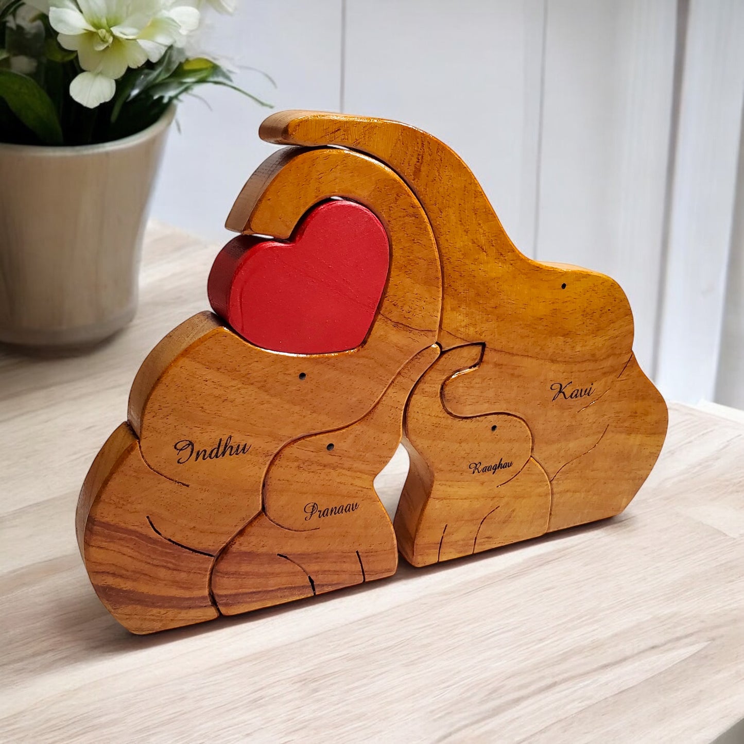 Wooden Elephant family with twin children | Polished surface with shiny finish | Fungus Proof