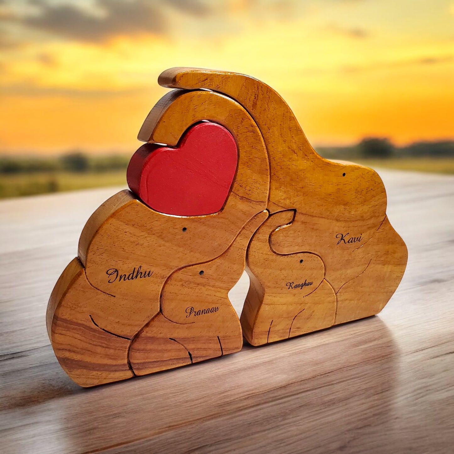Wooden Elephant family with twin children | Polished surface with shiny finish | Fungus Proof