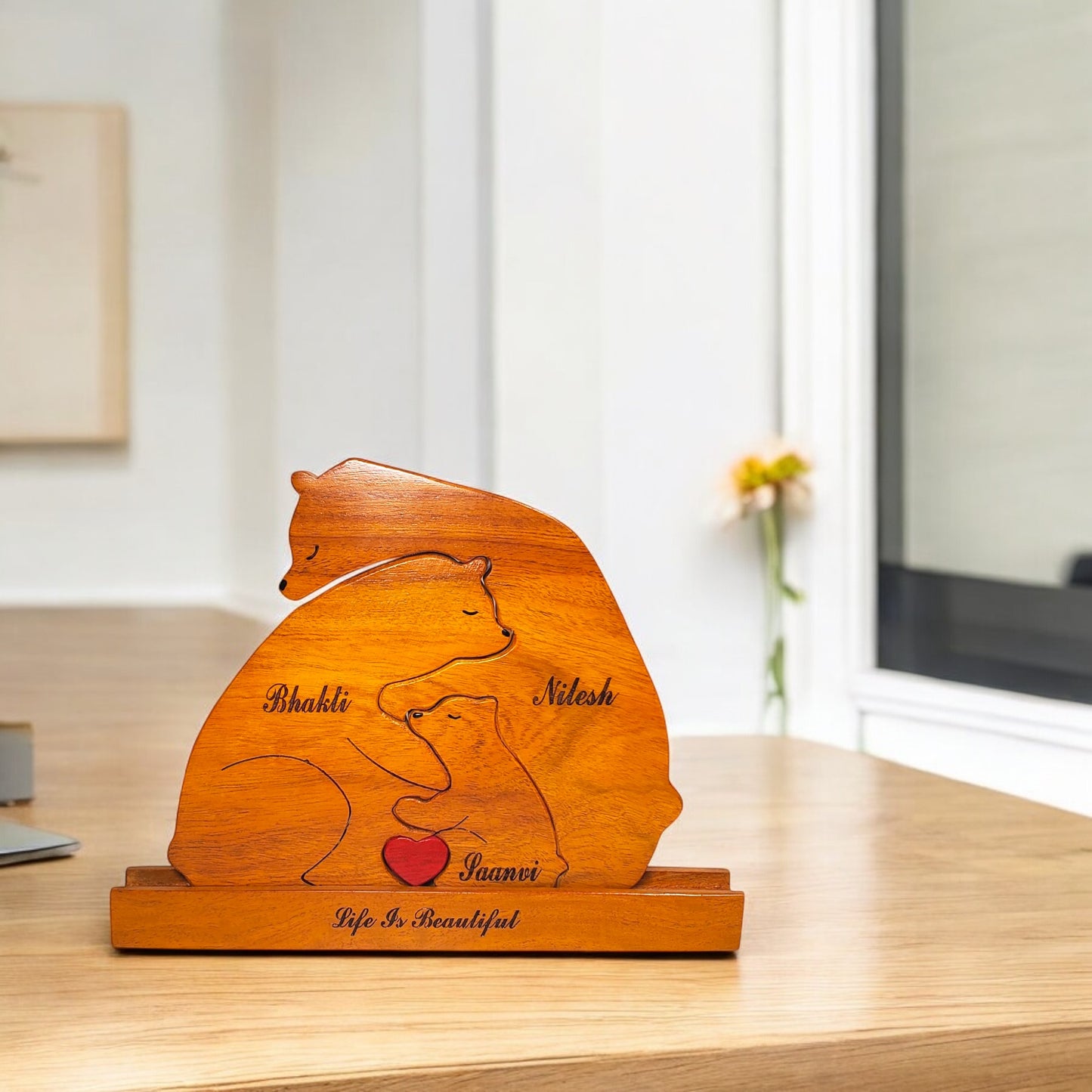 Wooden Bear Family Keepsake | Polished surface with shiny finish | Fungus Proof