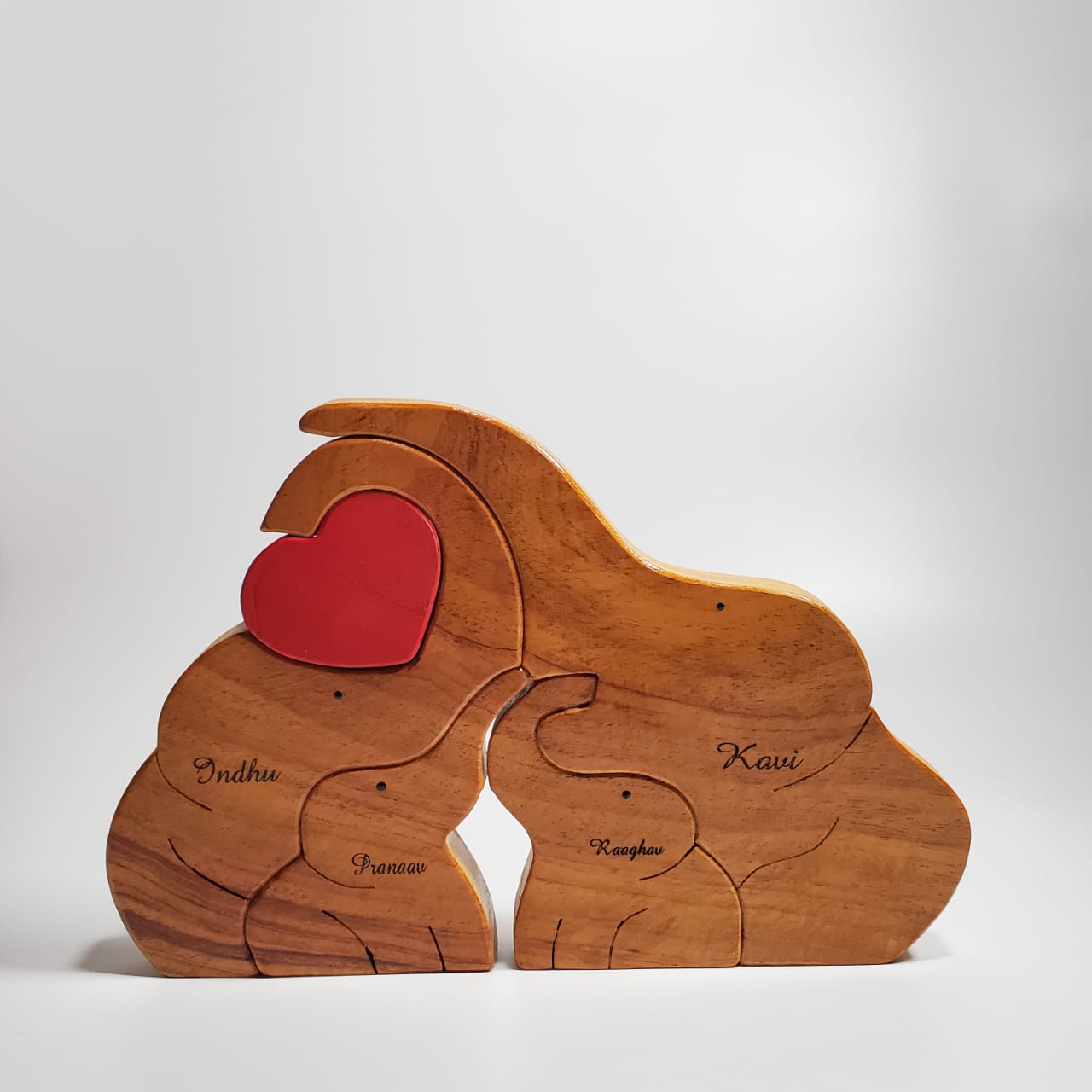 Wooden Elephant family with twin children | Polished surface with shiny finish | Fungus Proof
