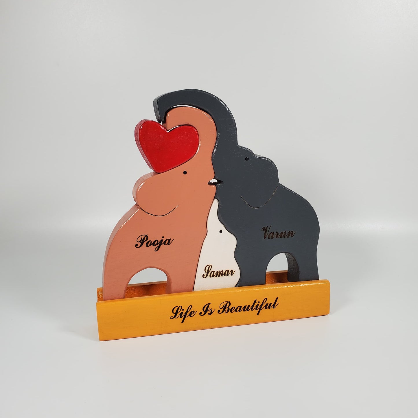 Wooden Elephant family with one child (Multicolored) | Polished surface with shiny finish | Fungus Proof