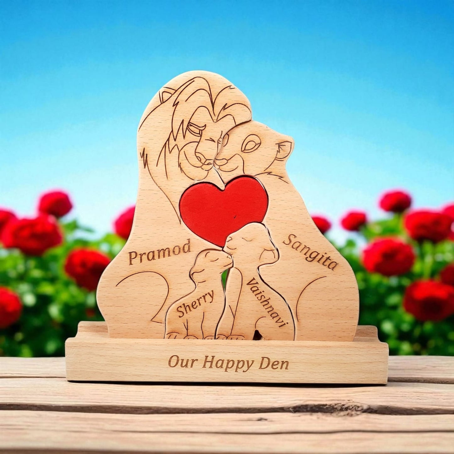 Wooden Lion Family - Beech Wood | Polished surface with shiny finish | Fungus Proof