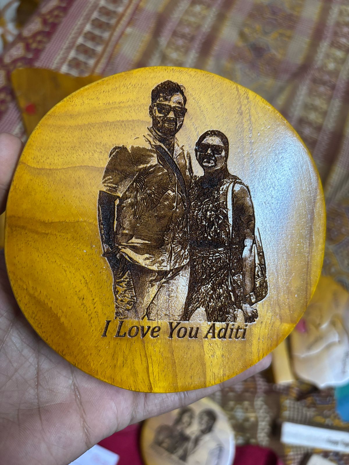 Personalized photo engraved Golden wood coin