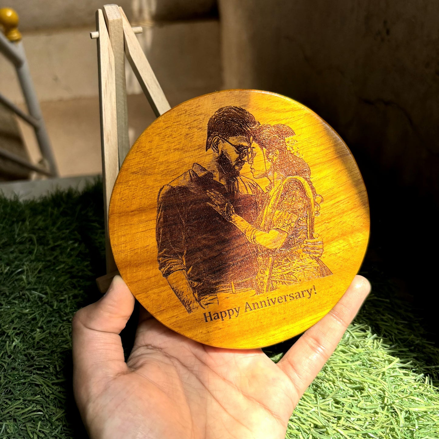 Personalized photo engraved Golden wood coin