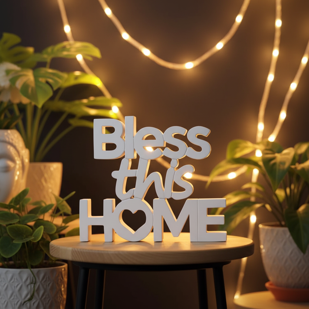 Bless This Home – Cozy Living Room with Rope Lights & Plants
