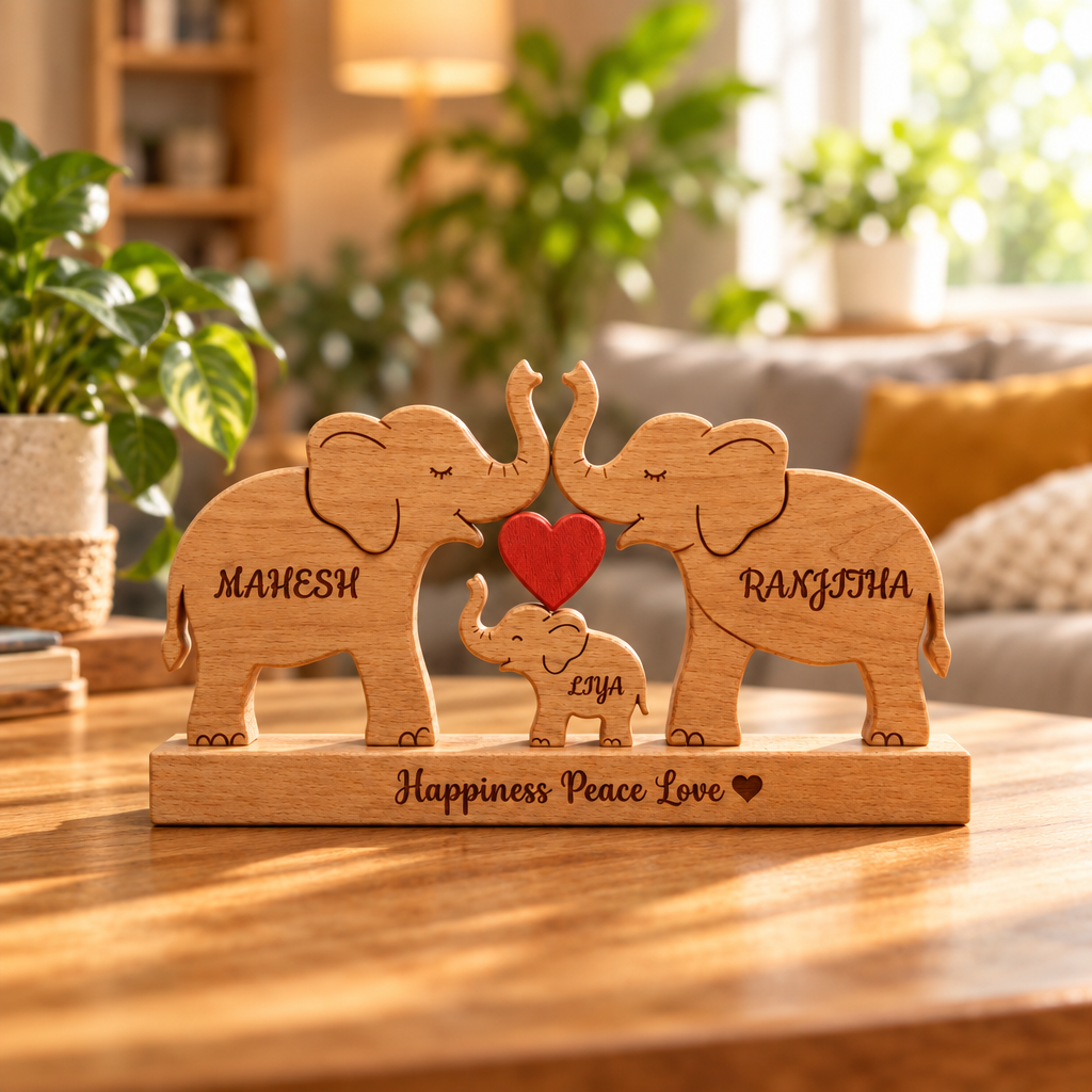 Keepsake on a sunlit wooden table with plants in the background