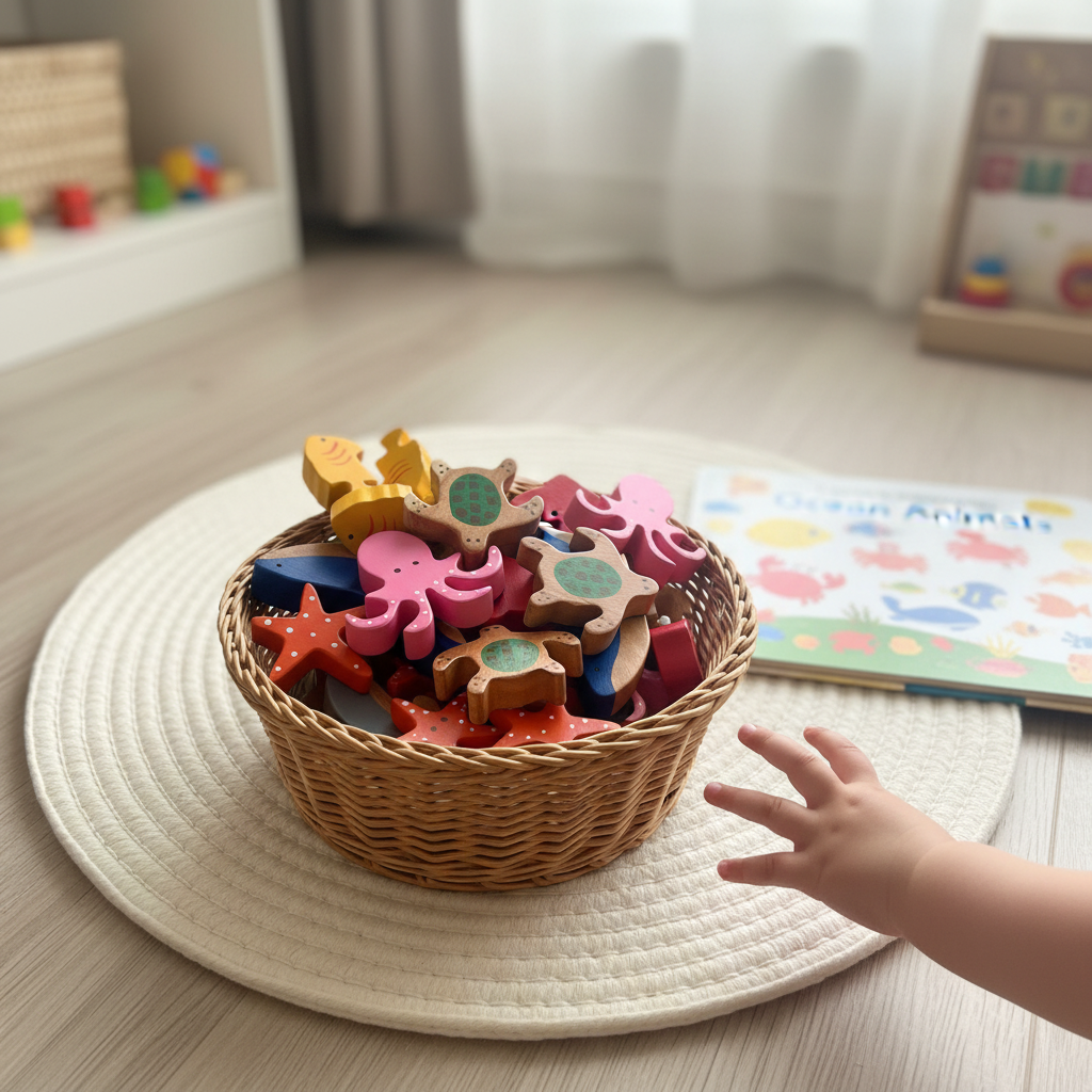 Mixed Ocean Toys in Basket with Book