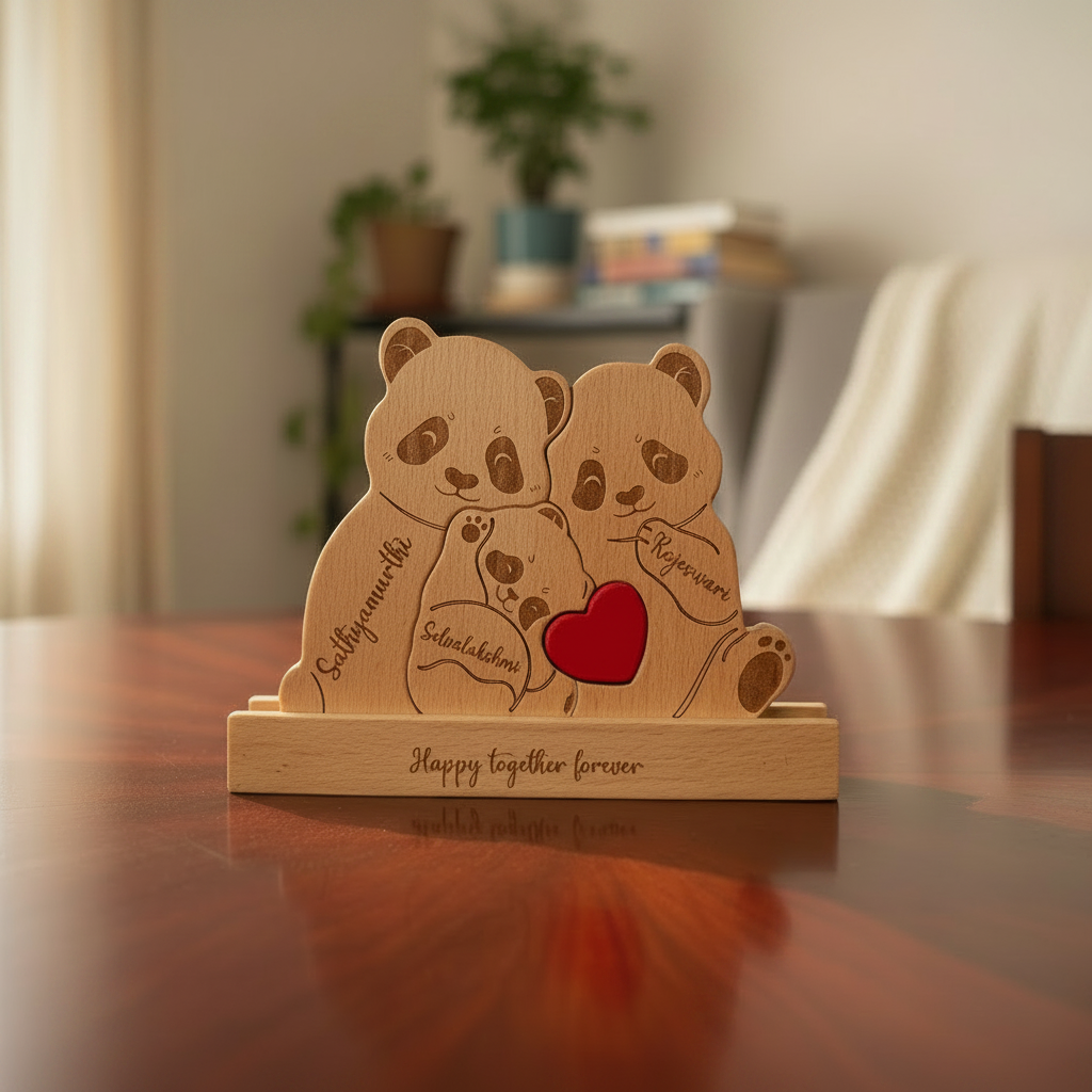Panda family keepsake in warm sunlight, square format