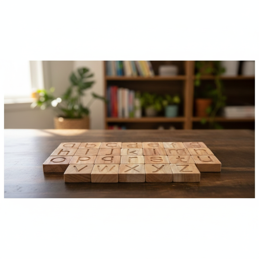 Wooden Alphabet Tiles with Cozy Background