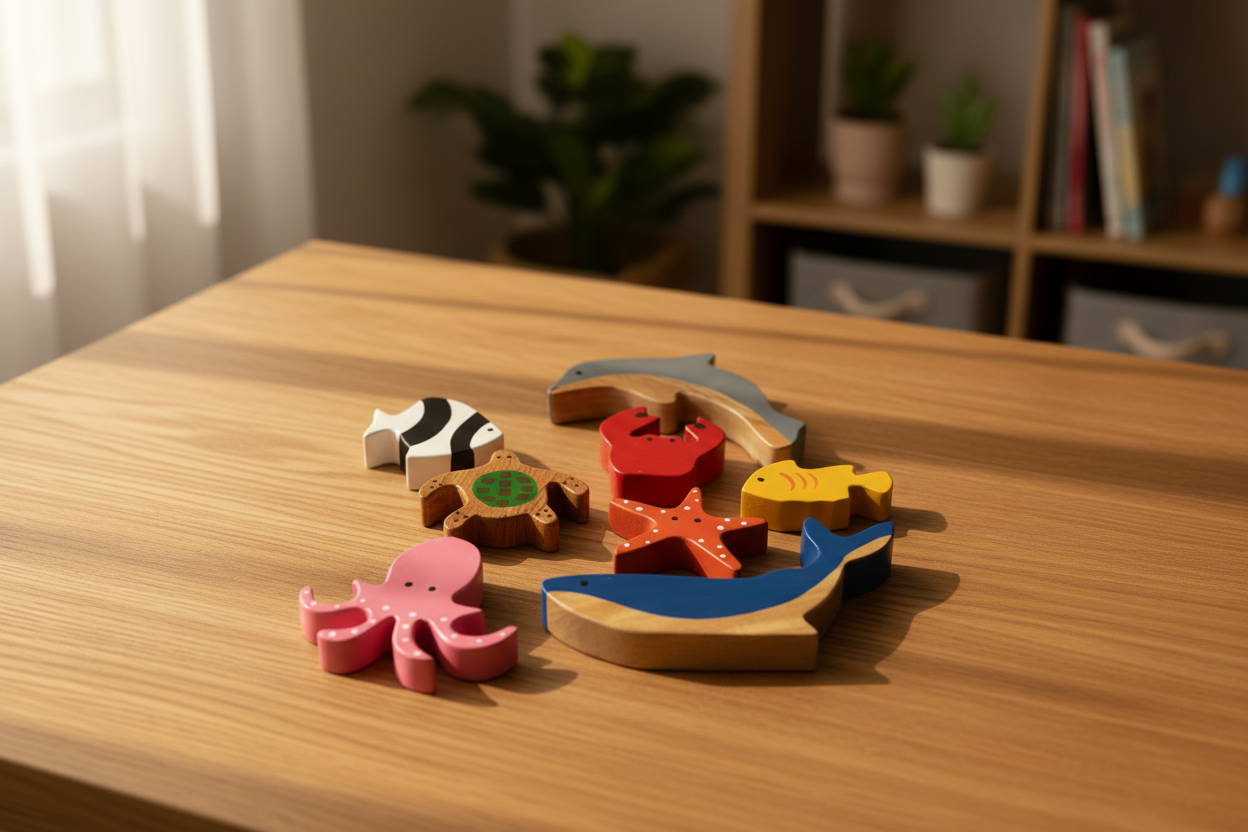 Wooden Aquatic Animal Toy Set on Table