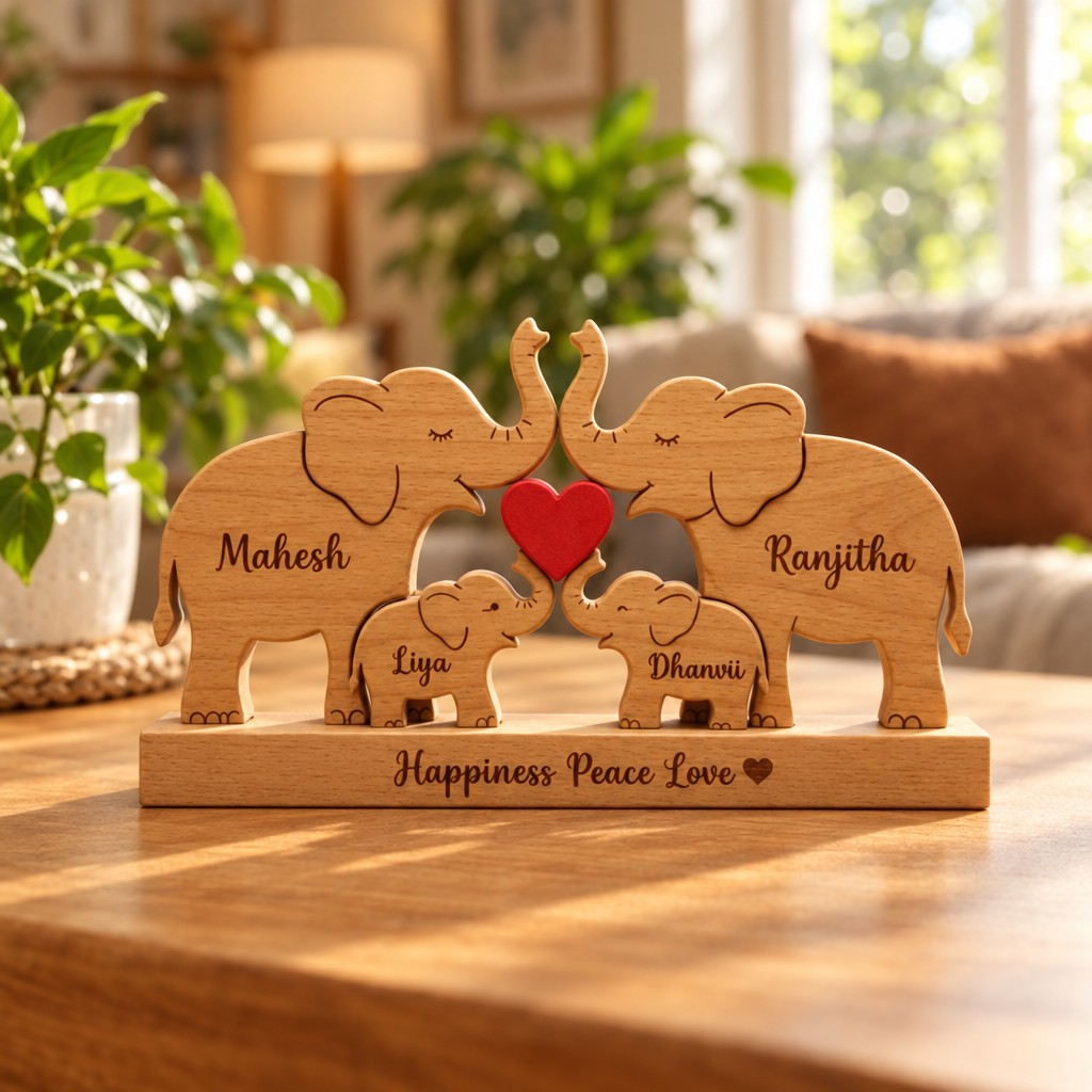 Wooden elephant family keepsake on a sunlit wooden table with plants